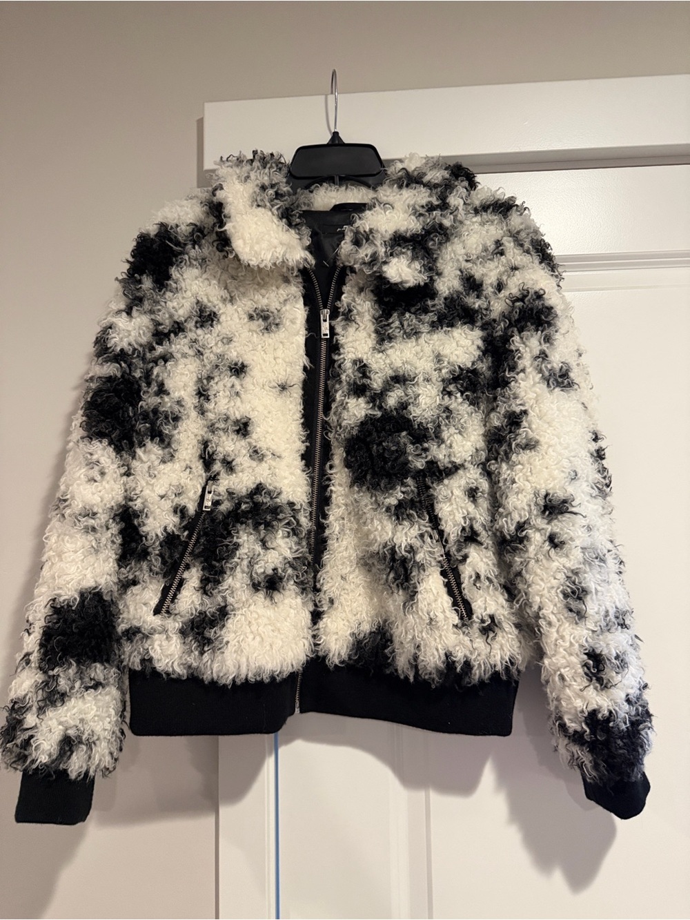 7 For All Mankind Black and White Teddy Sherpa Zip Jacket